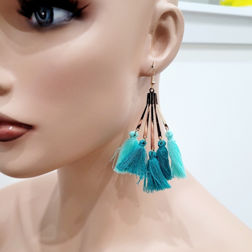 Brand New Bohemian Turquoise Blue Gold Tone Tassel Earrings